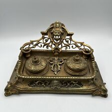 Antique Victorian Solid Brass Ornate Double Inkwell Winged Dolphin Feet German picture