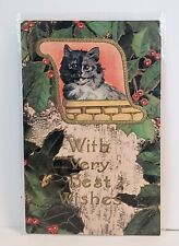 Antique 1911 Christmas Postcard CAT CARD BEST WISHES Post Card Kitty Cat Germany picture