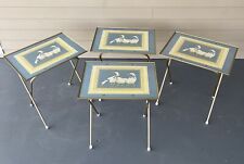 VTG 4 TV Trays w/Stand Folding Table E. Brownd Blue Ribbon Geese Goose Cork Back picture