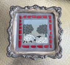 Silverplate Hand Painted 9” Square Decorative Tray/Plate Sheep Apple Trees NOTE picture