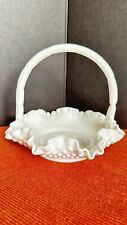 1960 Vintage Fenton Hobnail White Milk Glass Basket With Handle 6.5 Tall picture
