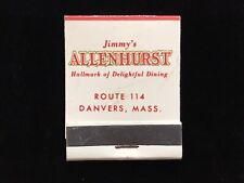 JIMMY’S Allenhurst Danvers MA Full Vintage Front-Strike Matchbook White A-1394 picture