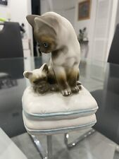Vintage Mann Music Box Siamese Cat +Kitten Hand Painted Porcelain Japan Adorable picture
