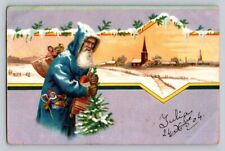 c1905 Old World Blue Santa Claus Toys Tree Church Village Frost Christmas  P204 picture