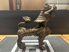 Vintage Asian Tibetan Brass Kylin Foo Dog Lion Armored Heavy Scuplture Figurine picture