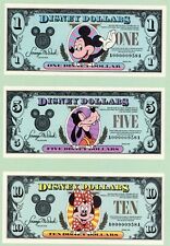 New Crisp Unc Disney Dollars $1, $5 & $10 Matching Serial #'s A00000958A (1990) picture