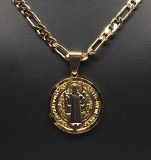 Tri Color Saint Benedict Medal Pendant Necklace Figaro 26