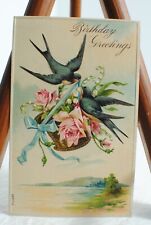 Antique 1900's Birthday Greetings Bird Basket of Flowers Unposted Germany picture