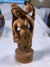 BEAUTIFUL VINTAGE WOMAN WITH JAR CARVED WOODEN STATUE FIGURINE￼10.5 in Tall picture