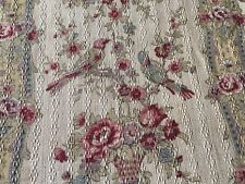 Antique French Floral Bird Textured Cotton Linen Fabric ~Raspberry Blue Ochre picture