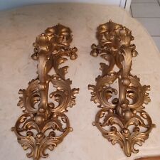 Vintage Pair Gold Ornate Resin Wall Sconce Candle Holder picture