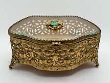 Vintage Peking Glass Ormolu Brass Filigree Glass Casket Jewelry Box picture