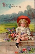 Vintage HAPPY BIRTHDAY Postcard Girl with Basket of Flowers / 1914 Cancel picture