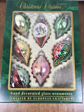 7 Vintage Commodore Glass Ornaments Indent Teardrop Glitter Hand Painted Romania picture