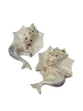 Vintage Enesco  Ceramic Mermaid Unbrella Wall Plaque Figurines Bathroom Fish picture