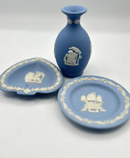 Vintage Wedgwood Blue Jasperware Bundle Lot 3 Pieces; Vase, Trinket Dishes picture