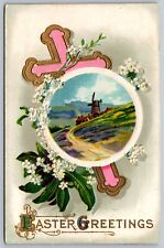 Antique Easter Postcard Religious Pink Cross White Flowers Windmill View J5 picture