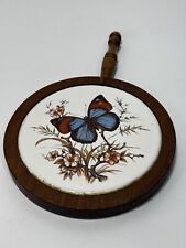 Vtg Round Butterfly Trivet, Wood Base & Handle, MCM Hot Plate, Retro Kitchen picture