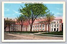 Street View West High School Green Bay Wisconsin Linen Unposted Postcard c1940s picture