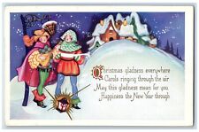 c1920's Christmas Woman Carol Playing Banjo Lantern Winter Embossed Postcard picture