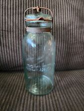1880's Aqua GLOBE Embossed 1/2 Gallon Fruit Jar Bottle w/ Lid & Clamp Neck Band picture