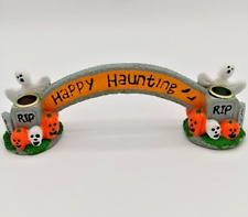 Vintage Happy Haunting  Halloween Candle Holder Hand Painted Ghost Pumpkin Skull picture