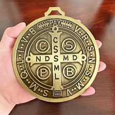 EXTRA LARGE 5 INCH ST BENEDICT CROSS MEDAL VINTAGE BRASS TONE FINISH for WALL... picture