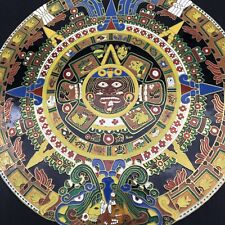 Aztec Calendar Wall Plaque Enameled Brall Wood the Sun Stone Large 16”x 16” picture