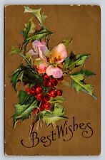 c1911 Pink Flower w/ Holly Berries Best Wishes Embossed ANTIQUE Postcard 0950 picture