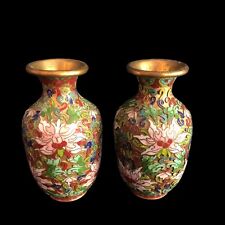 Chinese Cloisonné Champlevé Vases Miniature Size Enamel Over Brass Floral picture