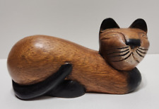 Vintage Mid Century Hand Carved Folk Art Wood Siamese Cat Figurine picture