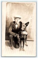 c1920's Boy With German Shepard Dog View Chain Cap Bowtie RPPC Unposted Postcard picture
