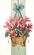 Vintage Postcard 1906 Beautiful Pink Flowers Hanging Decoration Blue Ribbon Art picture