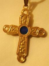 Lovely Etch Swirls Vintage Shiny Goldtn Round Blue Center Cross Pendant Necklace picture