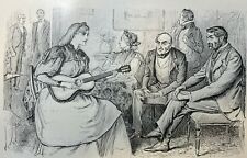 1897 Vintage Illustration Girl Playing Guitar For Group of People picture