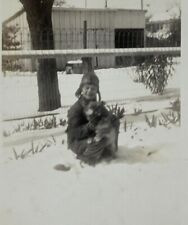 Little Boy Crouching In Snow With Dog B&W Photograph 3 x 4.5 picture