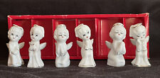 Vintage 6 Praying Angels Ceramic Figurines White Gold Trim 2.5