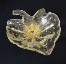 Vintage Murano Leaf Dish Handblown Glass Honey Bullicante 24K Gold Flecking 7X8