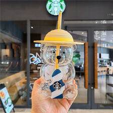 New Starbucks Korea 2022 Summer Yellow Hat Bear 473ml Glass Straw Cup Tumbler picture