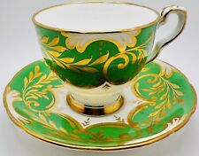 Vintage Royal Stafford England Cup & Saucer Set Green Gold Scroll Accent; Teacup picture