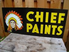 Vintage 1950’s Chief Paints Hardware Store Indian Gas Oil 2 Sided 28” Metal Sign picture