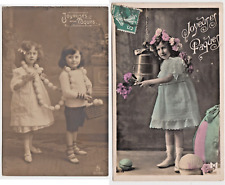 2 Real Photo Vintage French Easter Postcards with Children~Joyeuses Paques c1910 picture