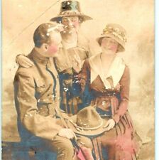 Colored Military Uniformed Army Man w/ Two Girls Women Ladies RPPC A4 picture