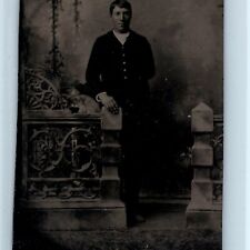 c1850s Handsome Young Man Tintype Photo Tin Standing Clean Shaven Fancy Wall H30 picture