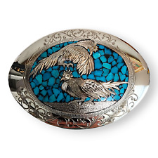 Vintage Nickel Silver Turquoise Chip Cock Fighting Belt Buckle Unknown Hallmark picture