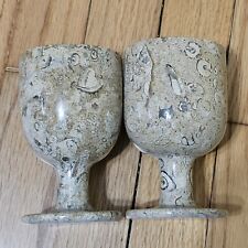 Vintage Set of 2 Natural Fossil Hand Carved Stone Travertine Goblet Cups 5