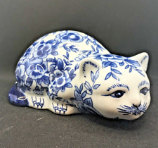 Blue White Cat Chinoiserie Porcelain Peeking Cat Figurine Large 7” Marked picture