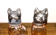 Rare Antique Bull Dog & Cat Glass & Lead Head Salt & Pepper Shakers picture