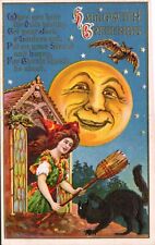 Postcard Halloween Cute Witch Broom Black Cat Smiling Moon Antique Lion Head 116 picture