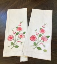 TWO VINTAGE LINEN HAND TOWELS APPLIQUE PINK FLOWERS 13